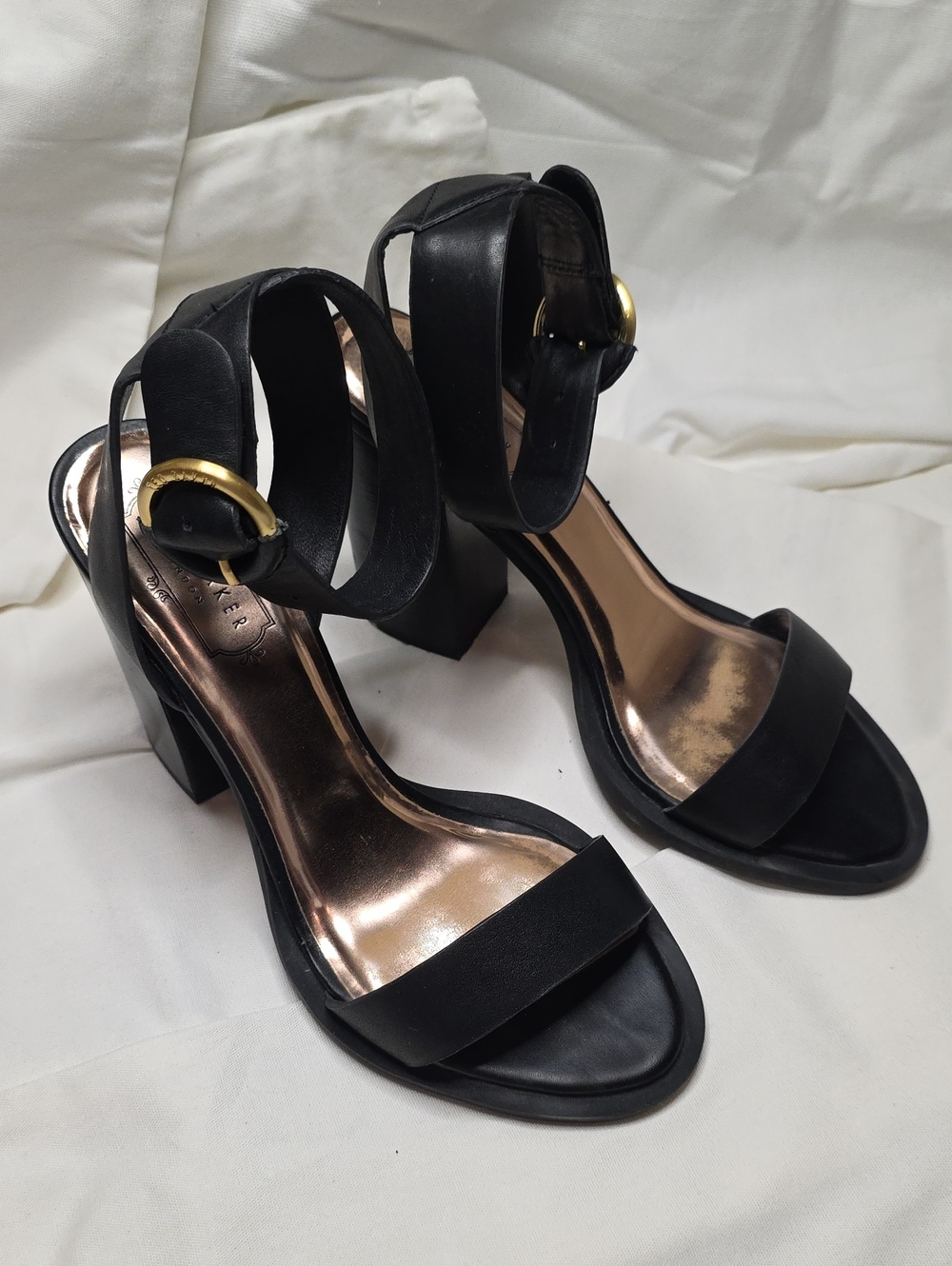 Ted Baker Black Ankle Strap Block Heels with Gold Buckle